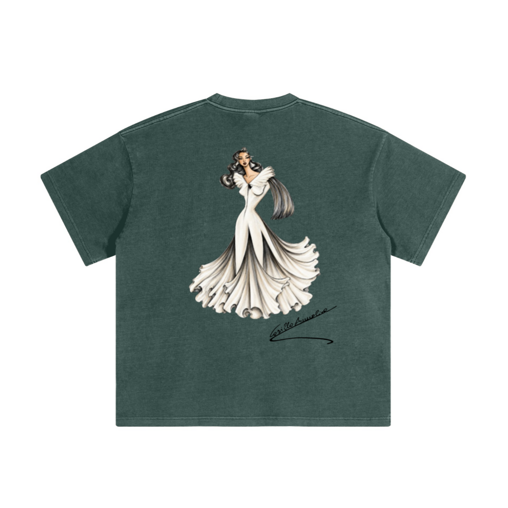220GSM Unisex Distressed Snow-Wash Oversize Crew Neck T-shirt Vintage Green